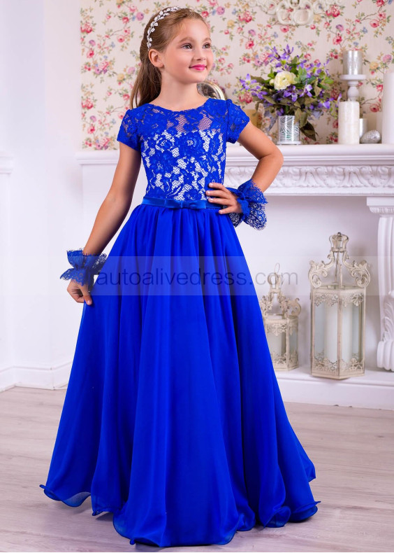 Short Sleeves Royal Blue Lace Chiffon Curly Hem Flower Girl Dress
